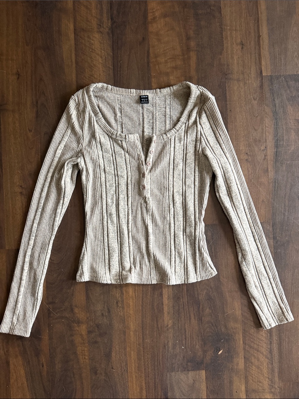 Ribbed Scoop Neck Long Sleeve Top in Beige